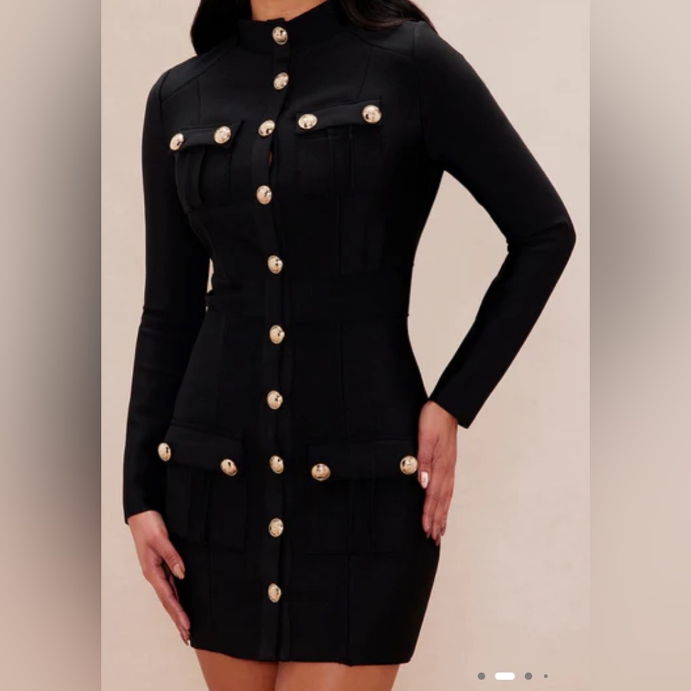 Fashion Nova Black Long Sleeve Dress with Gold Buttons